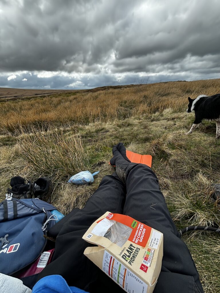 stopping for lunch on a 21 mile hike in the Peak District